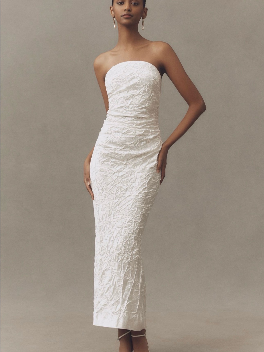 Bhldn Anthro Strapless Crinkled Satin Midi White Textured Column Dress